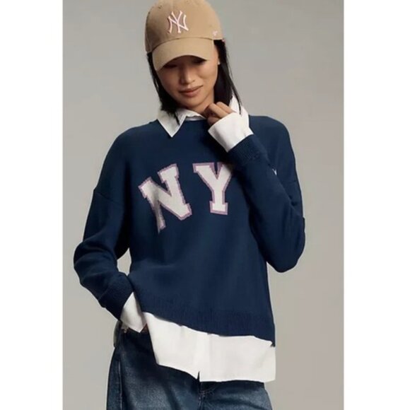 Maeve Anthropologie Graphic Twofer Sweater NYC Blue Oversized XS NWT - Picture 1 of 9